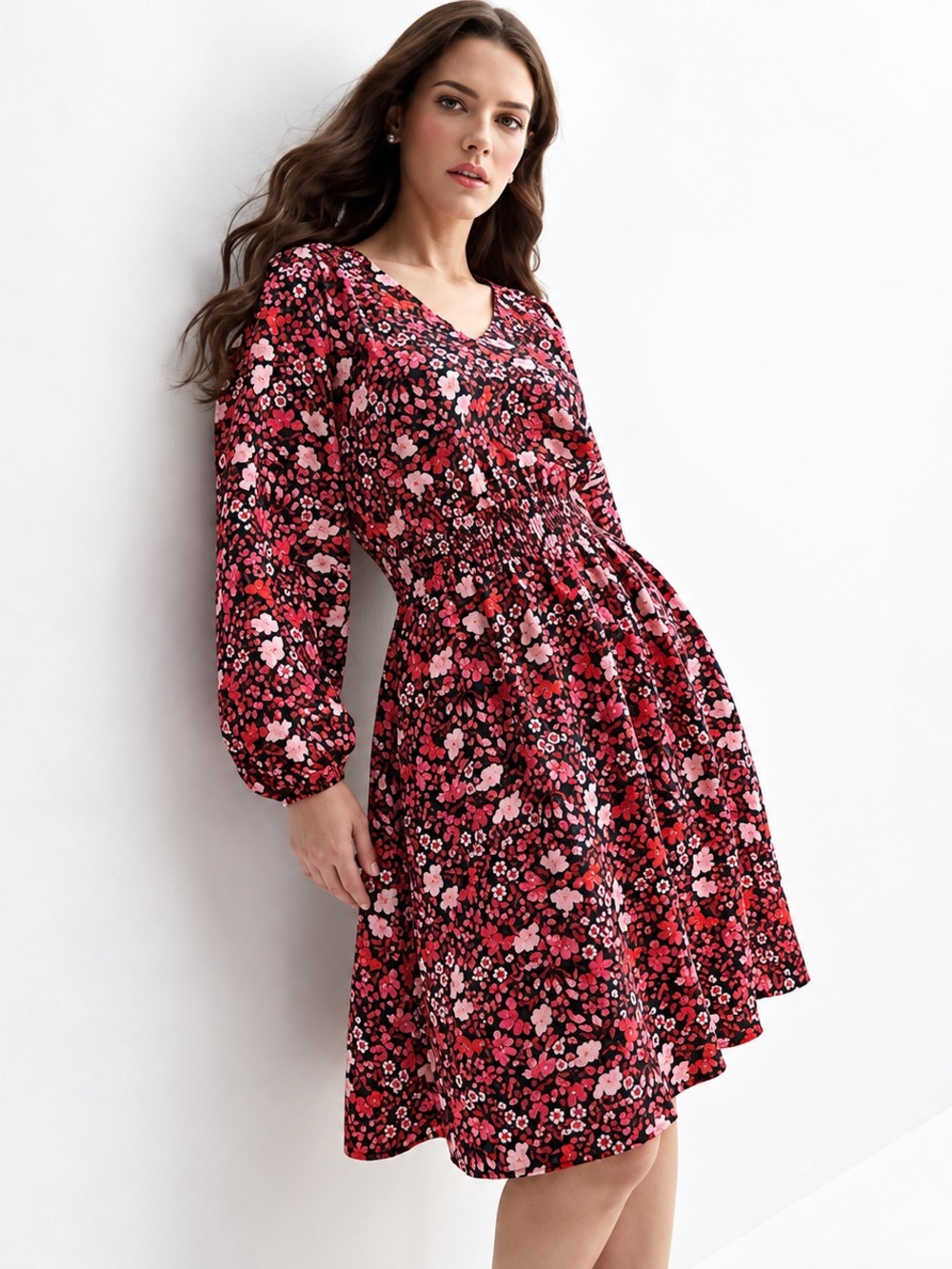 NWT DRAPER JAMES Floral V-Neck Long Sleeve Midi Dress - Pink/Black